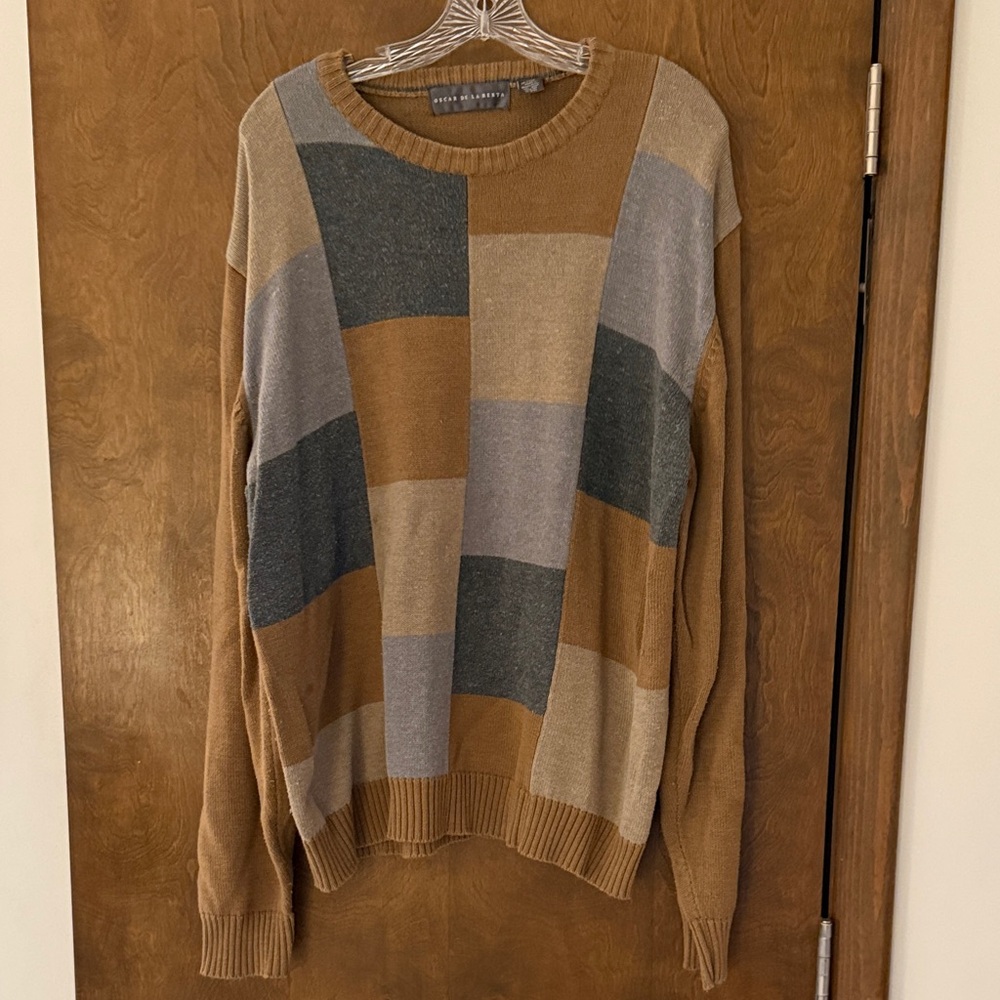 Oscar de la Renta Patchwork Crewneck Sweater in Tan and Gray